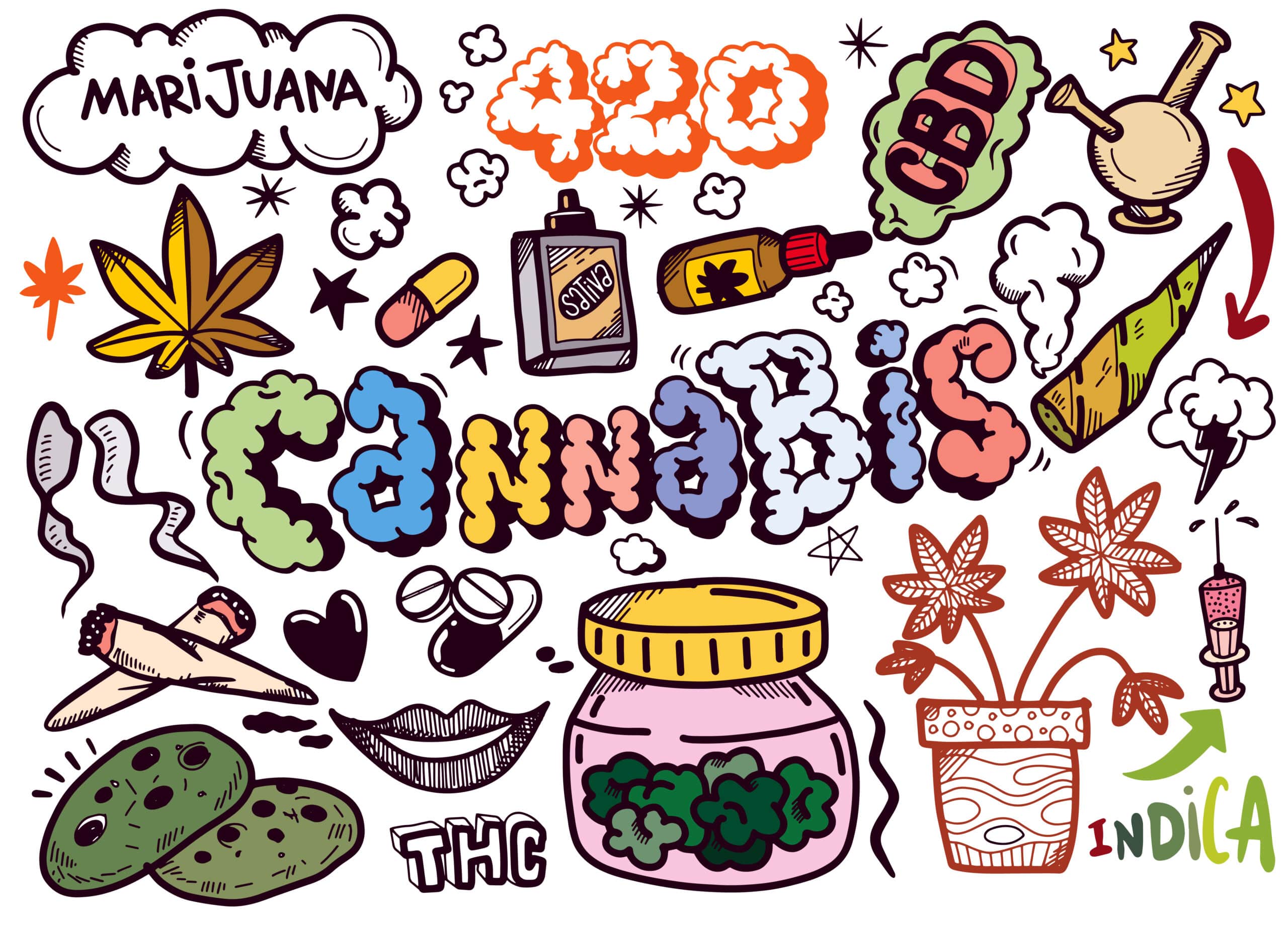 doodles con la palabra cannabis en el medio